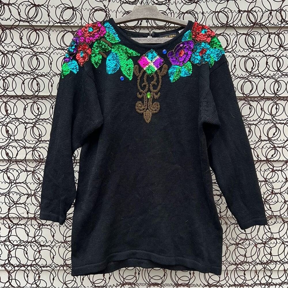 Vintage 90s Gaudy Sequin Floral Ornament Collar Ugly Holiday Tunic Sweater MED